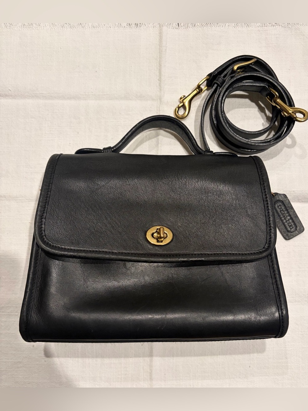 Vintage Coach Black Leather Top-Handle Shoulder Bag with Gold Turnlock